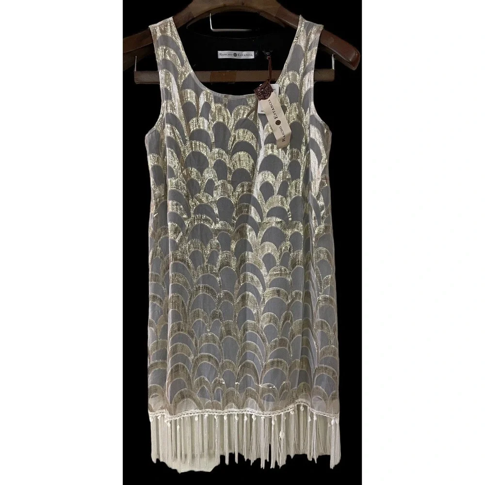 NWT Rancho‎ Estancia Silk White Gold Metallic Sleeveless Fringed Flapper Dress S